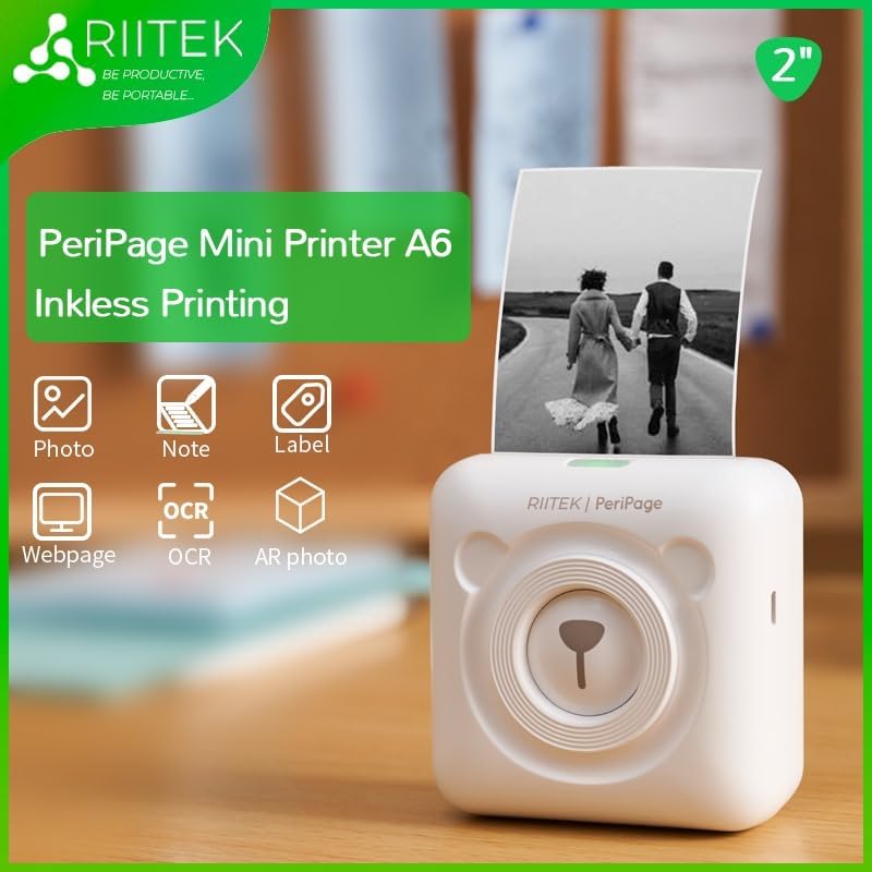 RIITEK Ultra HD Resolution A6 Mini Printer | Wireless Bluetooth Portable Inkless Printer | Printing Label, Sticker, Photo, QR Code, Receipt (1 Year Warranty)