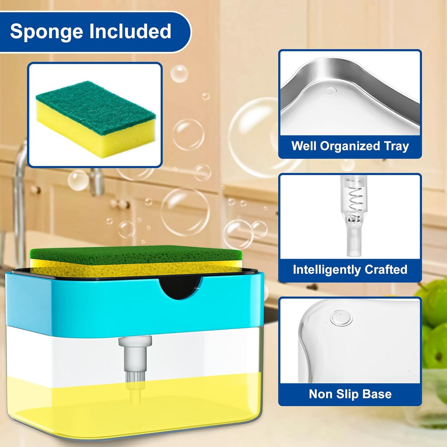 SWAPKART 2 in 1 Soap Dispenser for Bathroom | Dishwasher Liquid Holder | 400 ML with Sponge Holder | Kitchen Sink Accessories Items