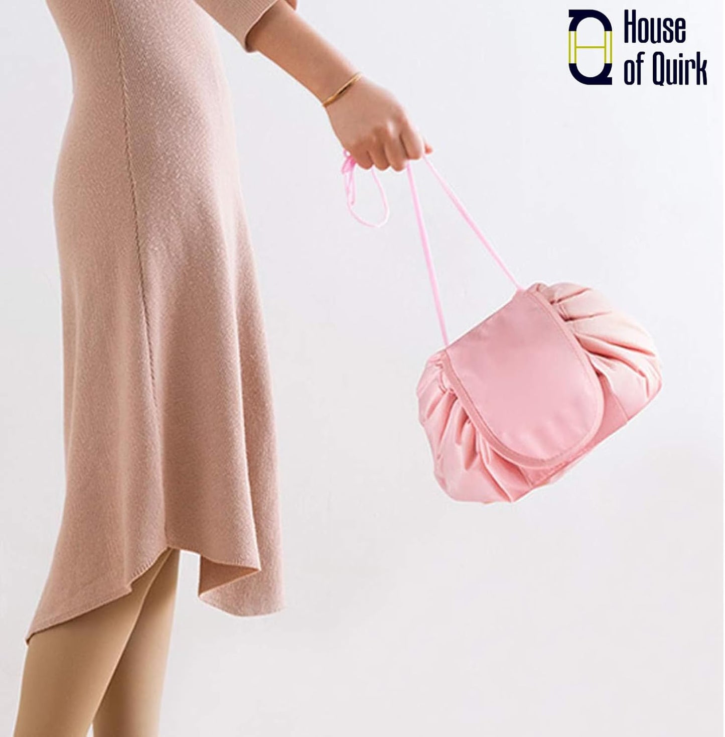 House of Quirk Lazy Cosmetic Multifunction Bag | Drawstring Makeup Pouch | Makeup Bags | Toiletry Organizer for Women (Pink)