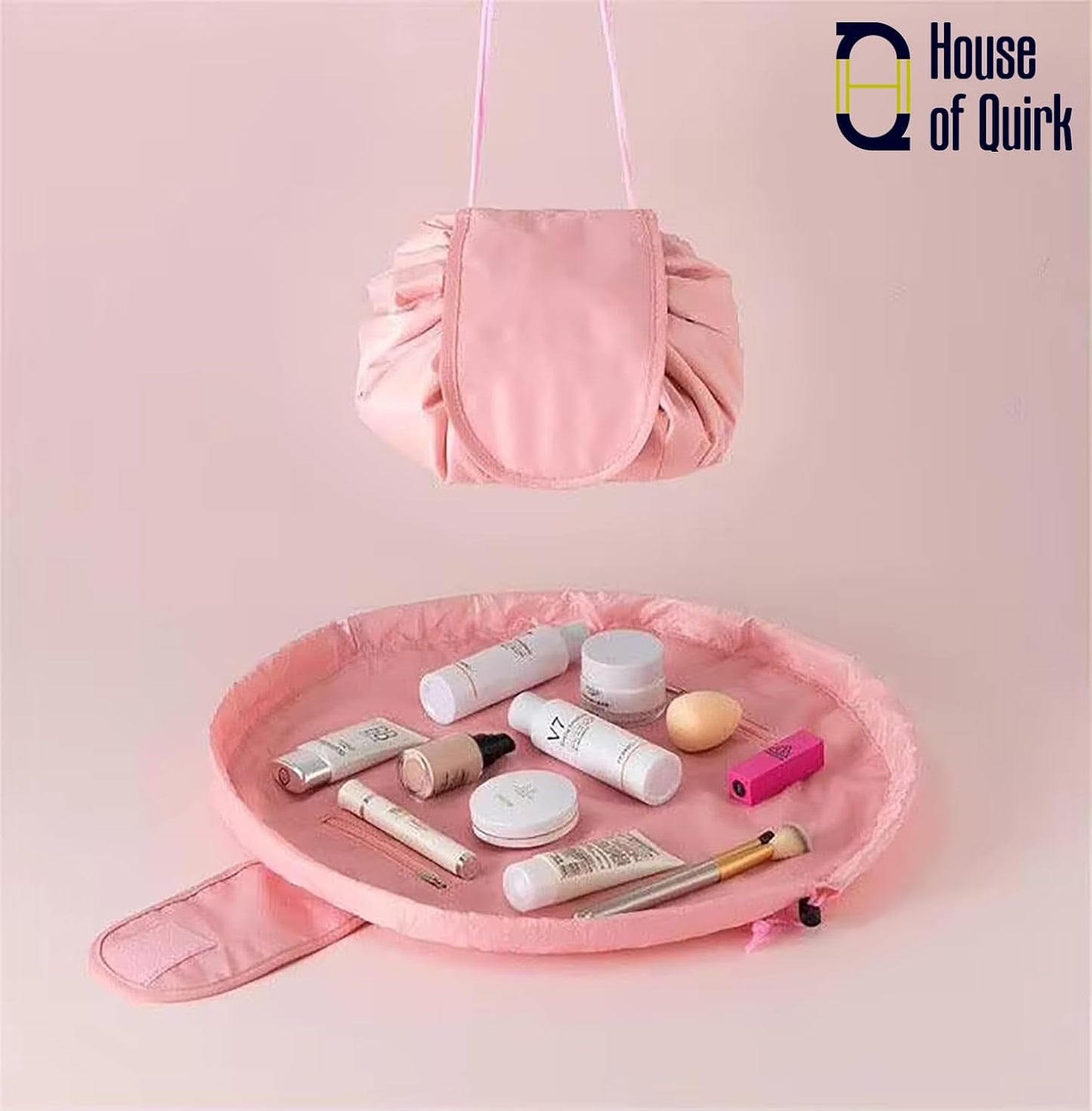 House of Quirk Lazy Cosmetic Multifunction Bag | Drawstring Makeup Pouch | Makeup Bags | Toiletry Organizer for Women (Pink)
