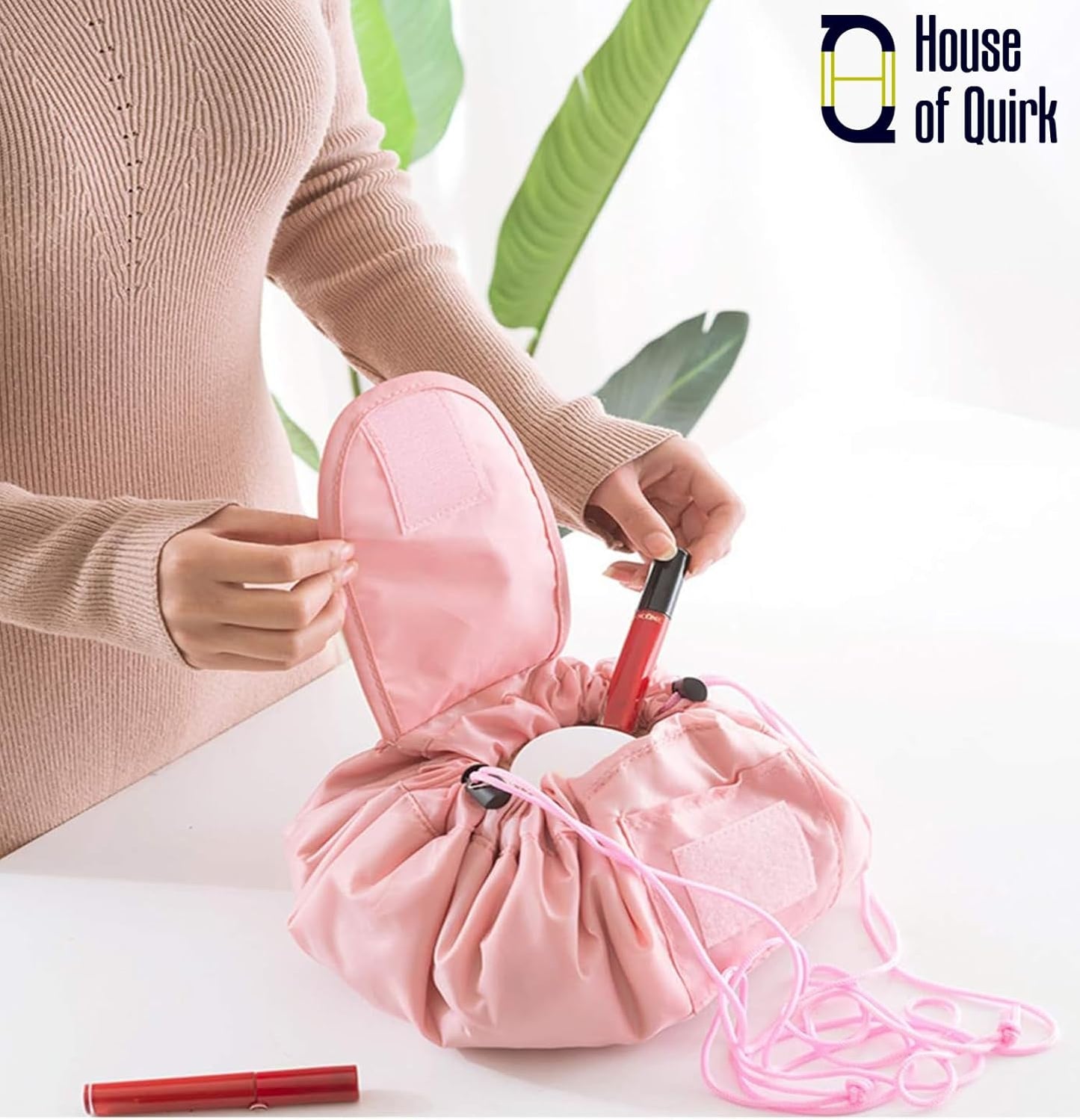 House of Quirk Lazy Cosmetic Multifunction Bag | Drawstring Makeup Pouch | Makeup Bags | Toiletry Organizer for Women (Pink)